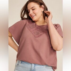 Maurice’s Plus Size Crochet Yoke Flutter Sleeve‎ Tee Jasper Brown 2X NWT
